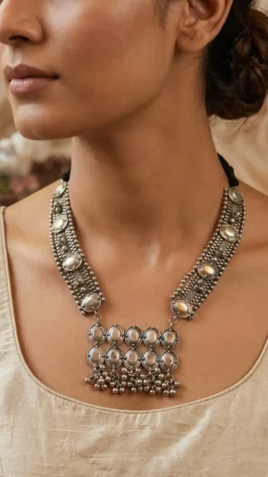 Oval Medallion Oxidised Statement Silver Necklace