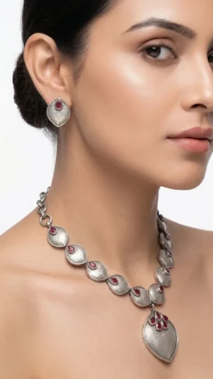 Antique Crimson Leaf Oxidized Necklace & Stud Set