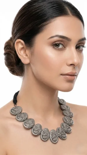 Ethereal Engraved Peacock Oxidized Necklace Set