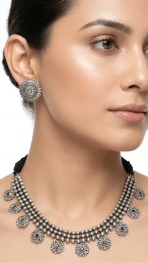 Floral Charm Oxidized Bead Choker & Mandala Stud Set