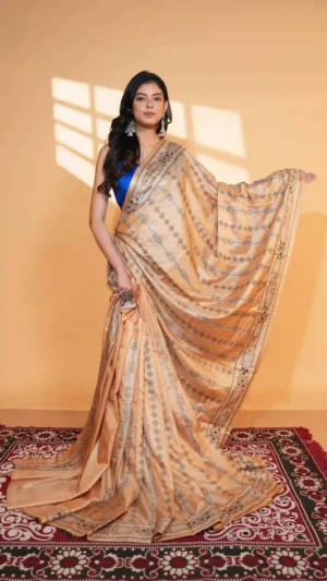 Soft Beige Pure Bangalore Silk Saree with Kantha Embroidery | Nams Design Exclusive 2026