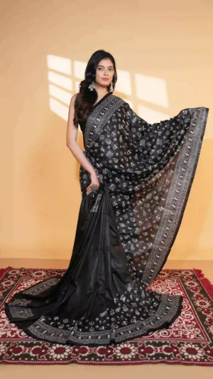 Black Pure Bangalore Silk Saree with Kantha Embroidery | Nams Design Exclusive 2026