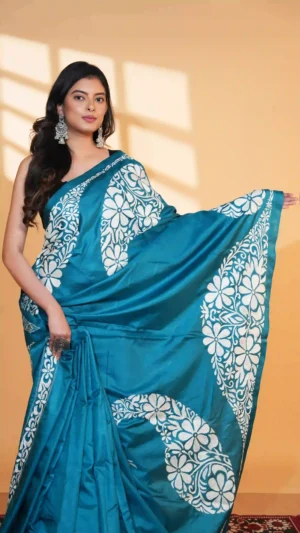 Sophisticated Teal Pure Bangalore Silk Saree with Kantha Embroidery | Nams Design Exclusive 2026