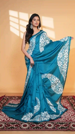 Sophisticated Teal Pure Bangalore Silk Saree with Kantha Embroidery | Nams Design Exclusive 2026