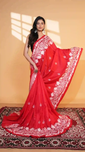 Bright Red Pure Tussar Silk Saree with Kantha Embroidery | Nams Design Exclusive 2026