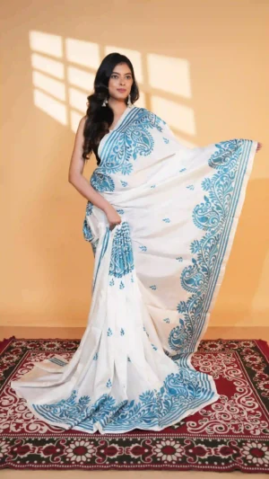 White Pure Bangalore Silk Saree with Blue Paisley Kantha Embroidery | Nams Design Exclusive 2026