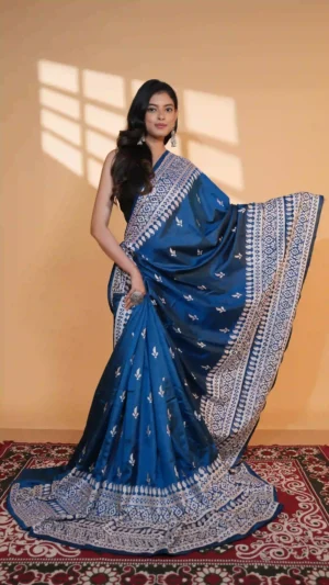 Royal Blue Pure Bangalore Silk Saree with White Kantha Embroidery | Nams Design Exclusive 2026