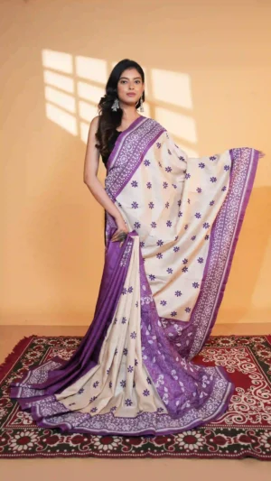 Regal Purple and Off-White Pure Tussar Silk Kantha Saree | 2026 Exclusives