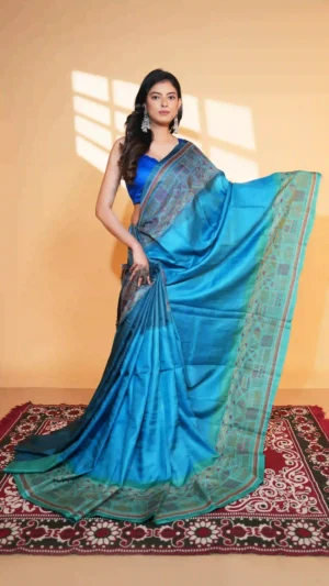 Cyan Blue Pure Tussar Silk Kantha Saree | 2026 Exclusives