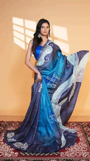 Midnight Blue Pure Tussar Silk Kantha Saree | 2026 Exclusives