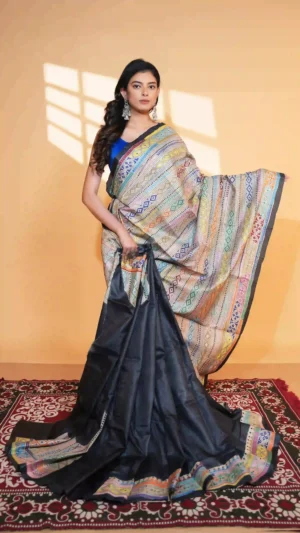 Jet Black Pure Tussar Silk Kantha Saree | 2026 Exclusives