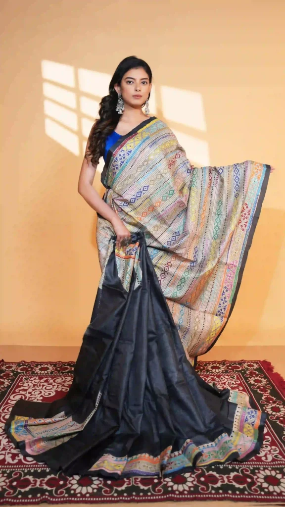 Jet Black Pure Tussar Silk Kantha Saree | 2026 Exclusives