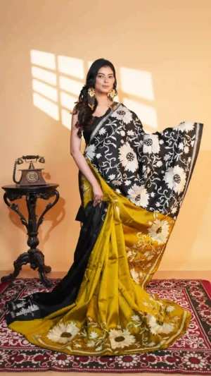 Enigmatic Black Pure Tussar Silk Kantha Saree | 2026 Exclusives