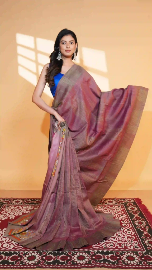 Dusty Pink Pure Tussar Silk Kantha Saree | 2026 Exclusives