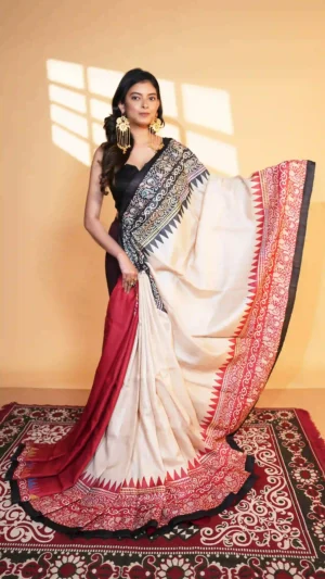 Exquisite Beige Pure Tussar Silk Kantha Saree | 2026 Exclusives