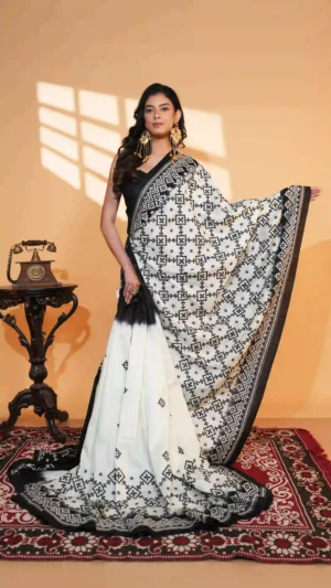 Black and White Pure Tussar Silk Kantha Saree | 2026 Exclusives