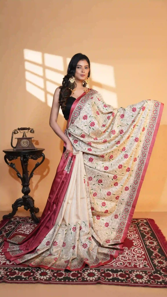 Off White Pure Tussar Silk Kantha Saree | 2026 Exclusives