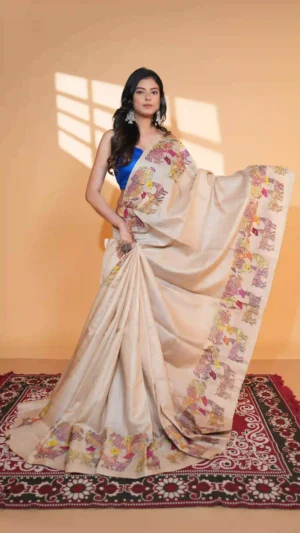 Luminous Beige Pure Tussar Silk Kantha Saree | 2026 Exclusives