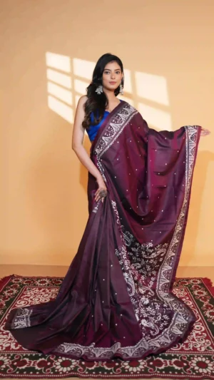 Maroon Pure Tussar Silk Kantha Saree | 2026 Exclusives