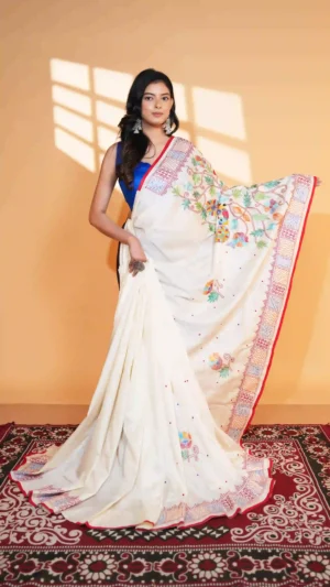 White Pure Tussar Silk Saree with Peacock and Vine Kantha Embroidery | 2026 Exclusives