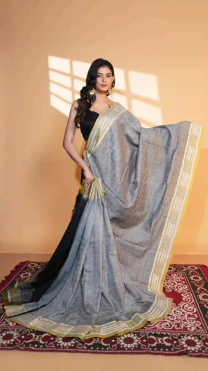 Olive Green and Grey Pure Tussar Silk Kantha Saree with Chakra | 2026 Exclusives