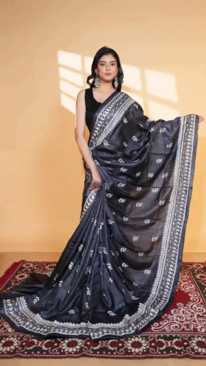 Black Noir Pure Tussar Silk Saree with White Kantha Embroidery | Nams Design Exclusive 2026