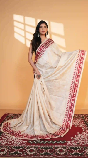 Cream and Deep Red Pure Tussar Silk Saree with Kantha Embroidery | 2026