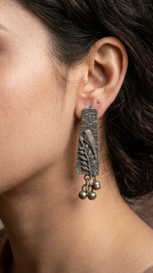 Etched Charm Oxidised Silver Earrings