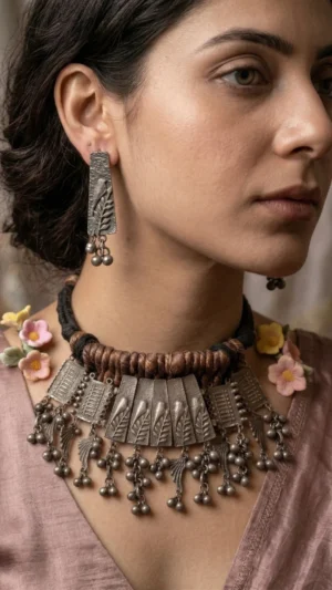 Etched Fringe Statement Oxidised Silver Choker Set