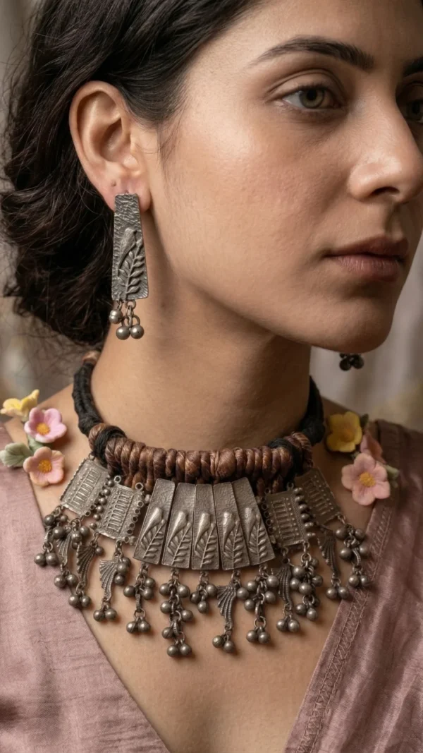 Etched Fringe Statement Oxidised Silver Choker Set