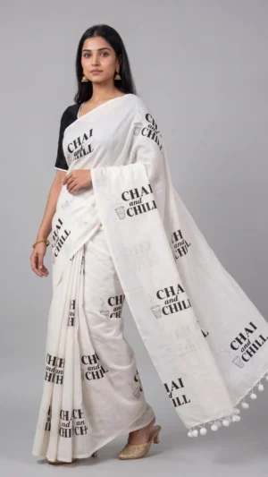 Chai & Chill Pure Cotton Block Printed Saree