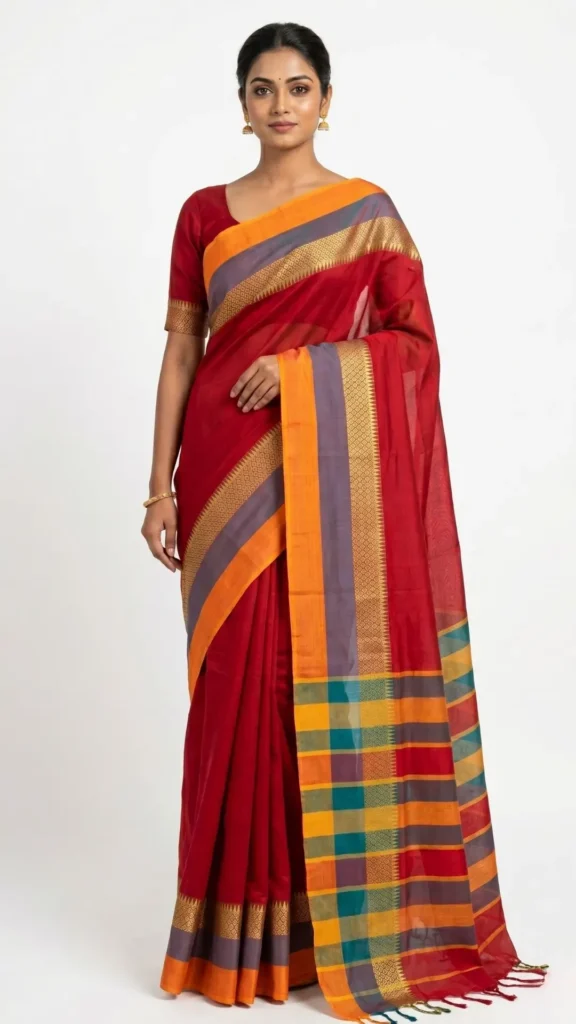 Orange Pure Khadi Cotton Saree