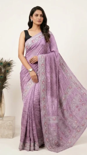 Lilac Designer Bandhej Chikankari Saree