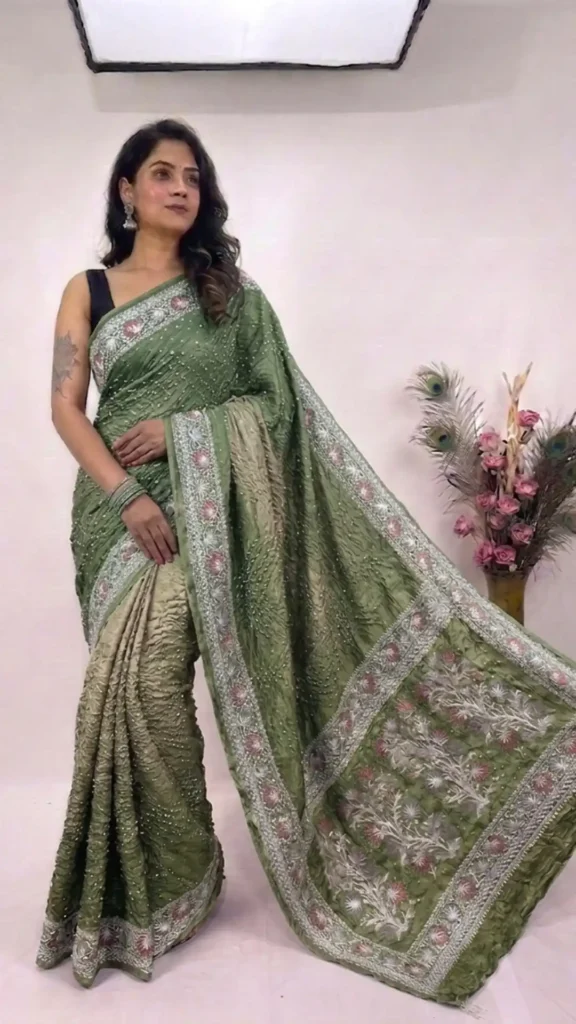 Green Designer Bandhej Chikankari Saaree