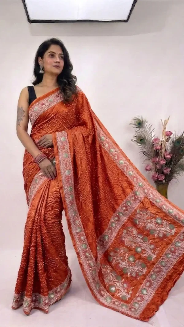 Orange Designer Bandhej Chikankari Saaree