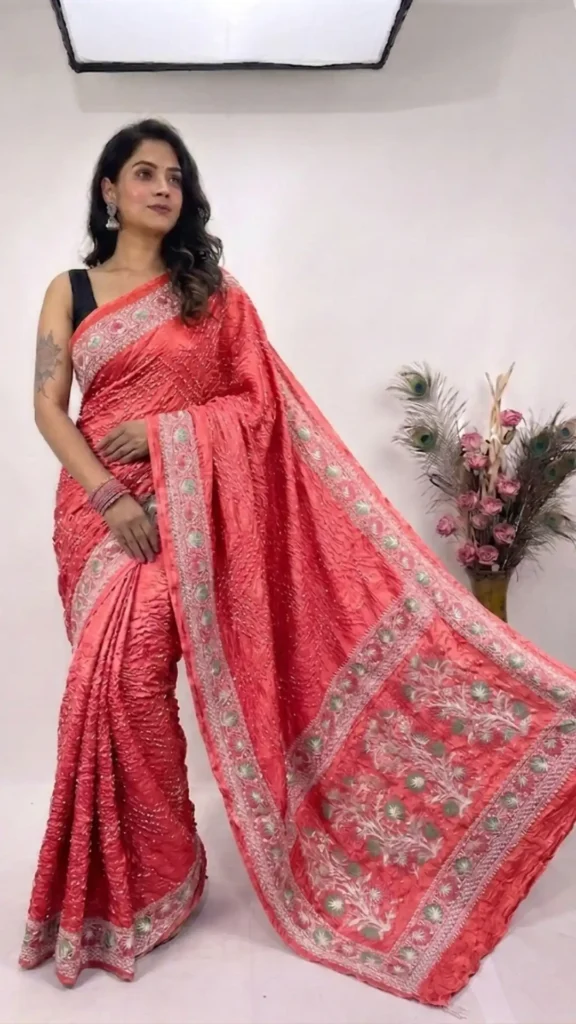 Red Designer Bandhej Chikankari Saaree