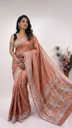 Amyra Brown Designer Bandhej Chikankari Saaree