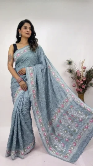 Blue Designer Bandhej Chikankari Saree
