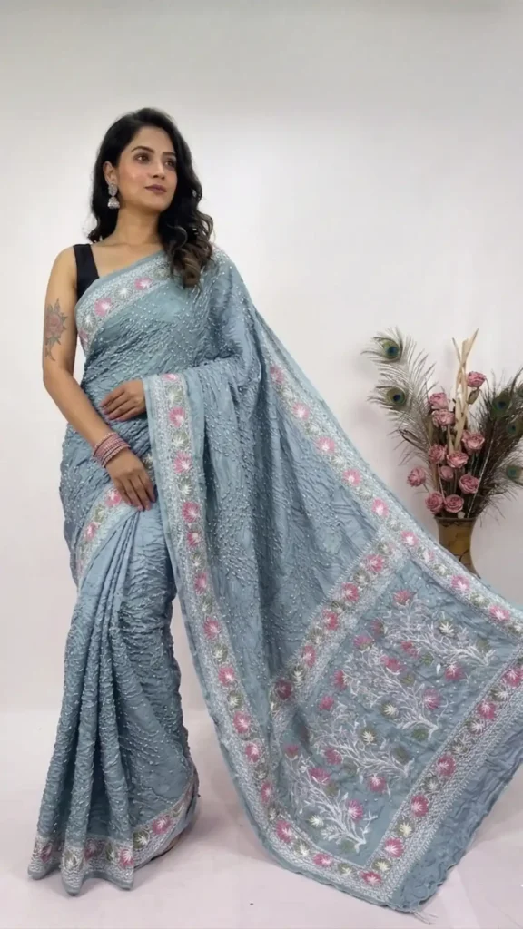 Blue Designer Bandhej Chikankari Saree