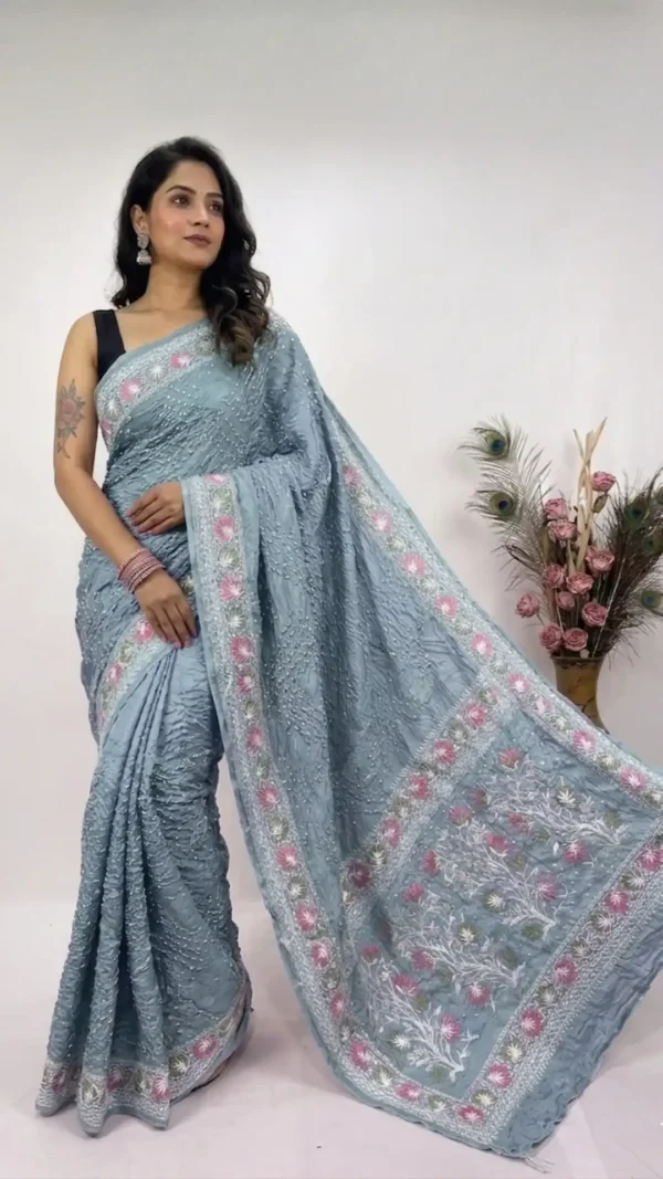 Blue Designer Bandhej Chikankari Saree