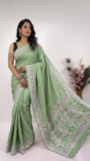 Sage Designer Bandhej Chikankari Saree