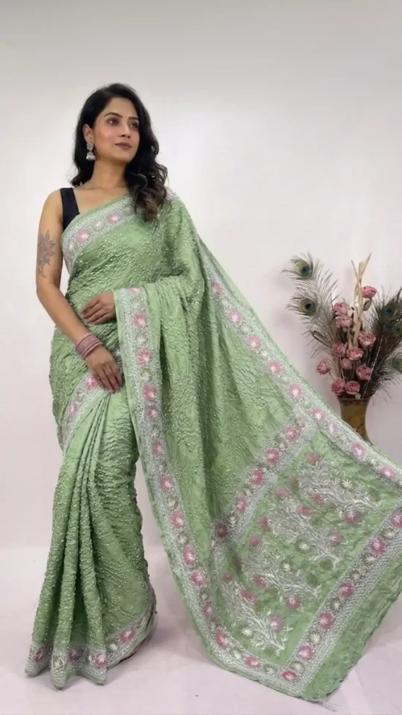 Sage Designer Bandhej Chikankari Saree