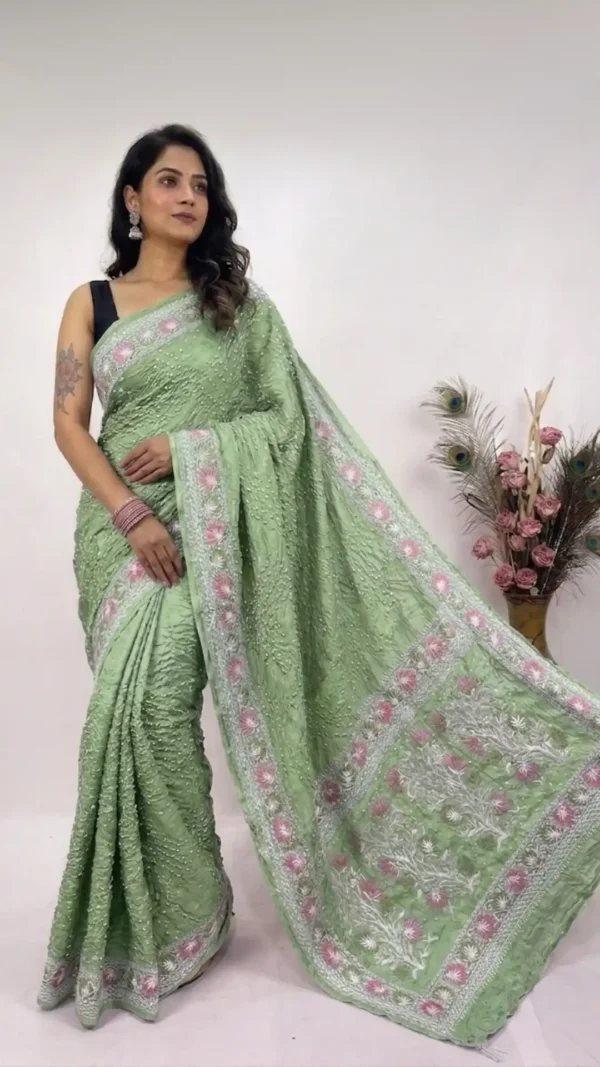 Sage Designer Bandhej Chikankari Saree