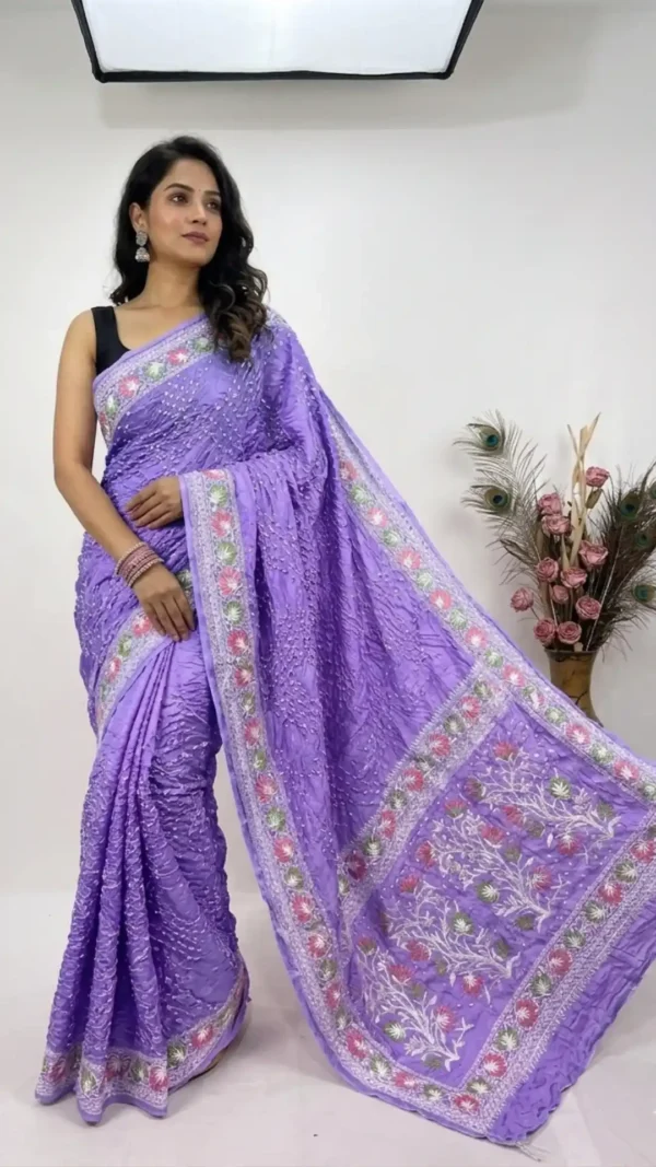 Purple Designer Bandhej Chikankari Saree