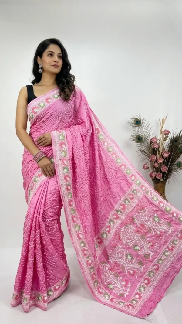 Pink Designer Bandhej Chikankari Saree