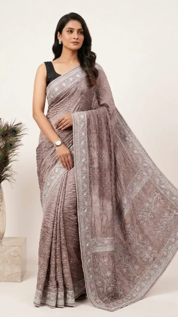 Brown Designer Bandhej Chikankari Saree