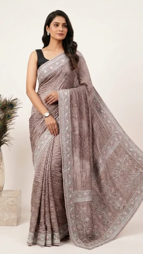 Brown Designer Bandhej Chikankari Saree