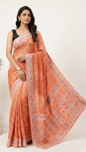 Peach Designer Bandhej Chikankari Saree