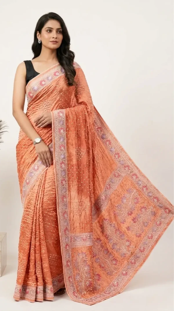 Peach Designer Bandhej Chikankari Saree