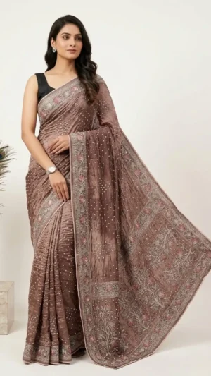 Brown Designer Bandhej Chikankari Saree